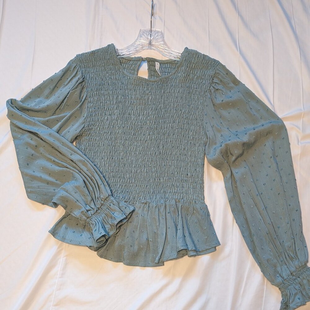 Sage Green Peplum Blouse, Smocked w/Cinderella sleeves, polka dot detail, size S